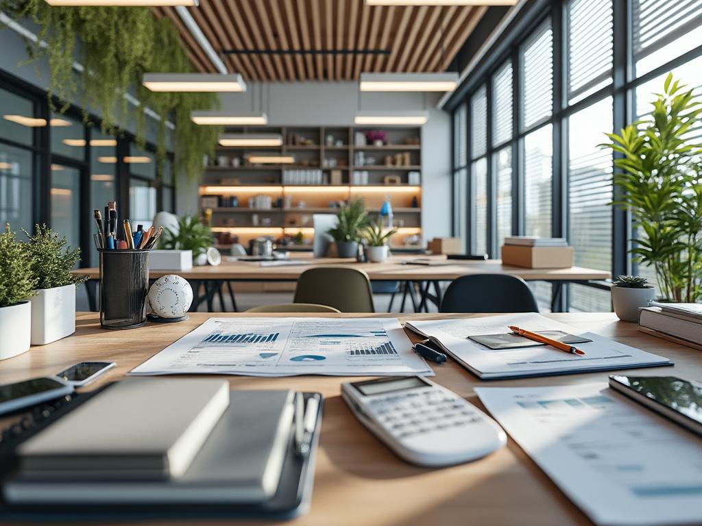Oficina moderna con mesa de trabajo, gráficos, calculadora, plantas y luz natural.