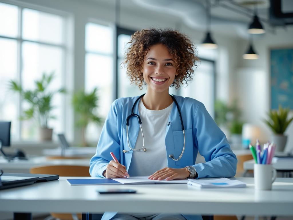 Médica joven sonriente con estetoscopio en oficina moderna.