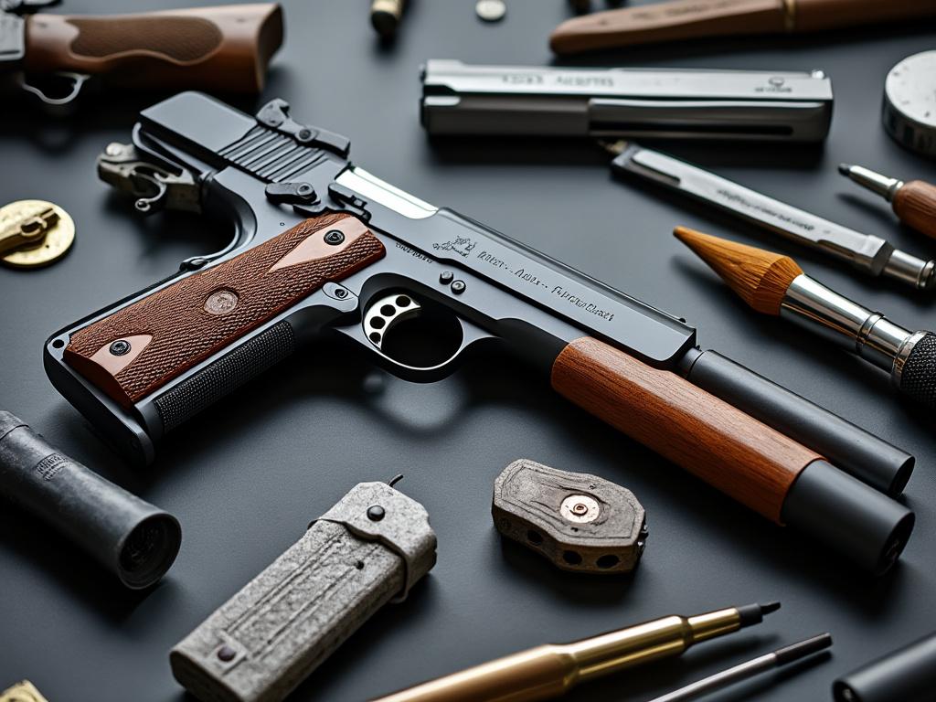 Custom handgun with wooden grip surrounded by various gunsmithing tools on a dark surface.