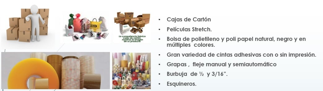 Imagen de productos de embalaje, incluyendo cajas de cartón, cintas adhesivas, y bolsas de polietileno, acompañados de una lista de servicios y productos relacionados.