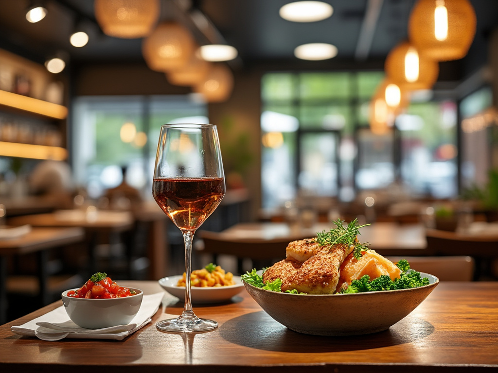 Mesa de restaurante con una copa de vino rosado y un plato de pescado empanizado con guarnición de verduras.