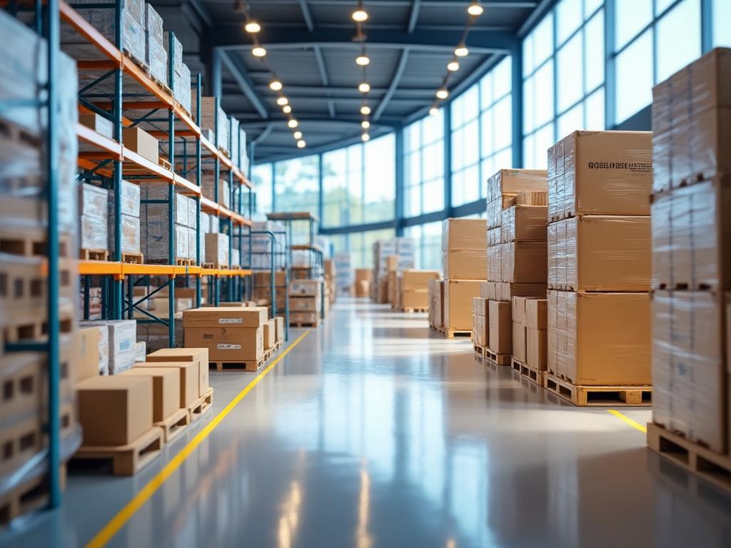 Interior de un almacén moderno con estantes llenos de cajas y palés organizados.