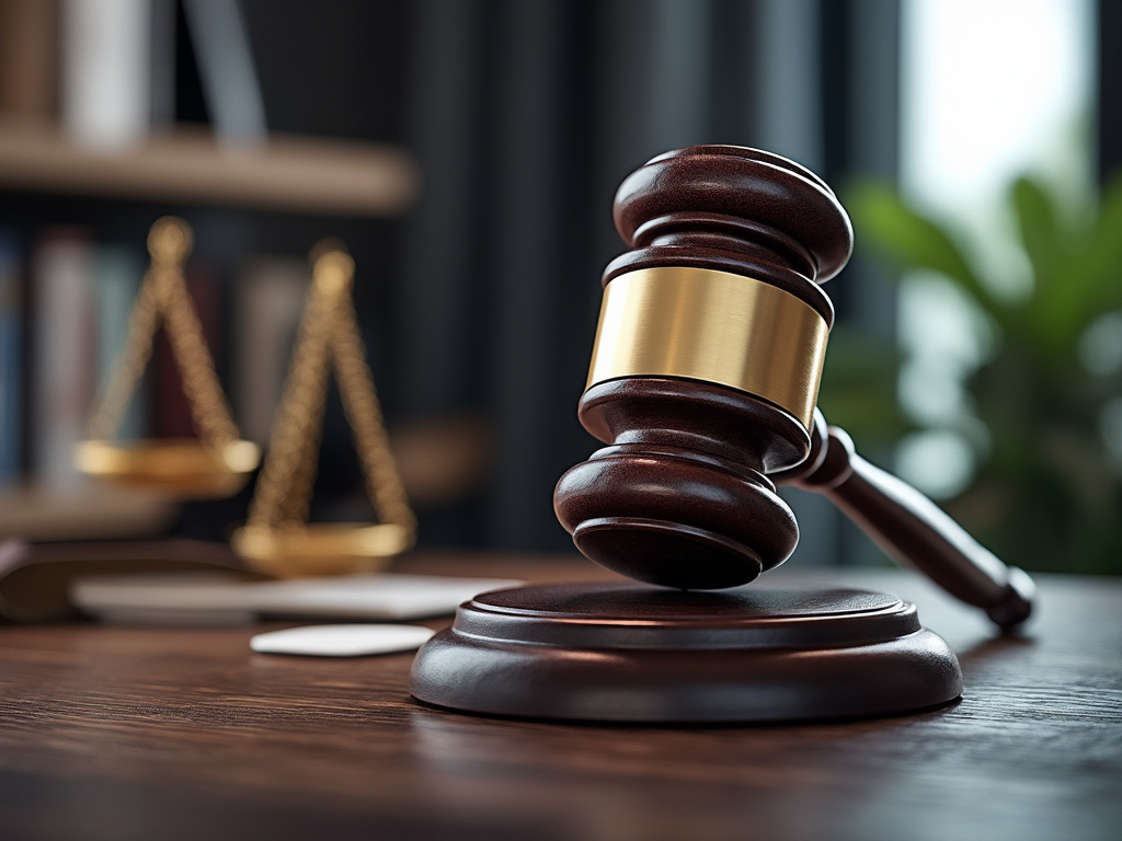Mazo de juez de madera en primer plano con balanza de justicia desenfocada al fondo, sobre una mesa de despacho en entorno legal.