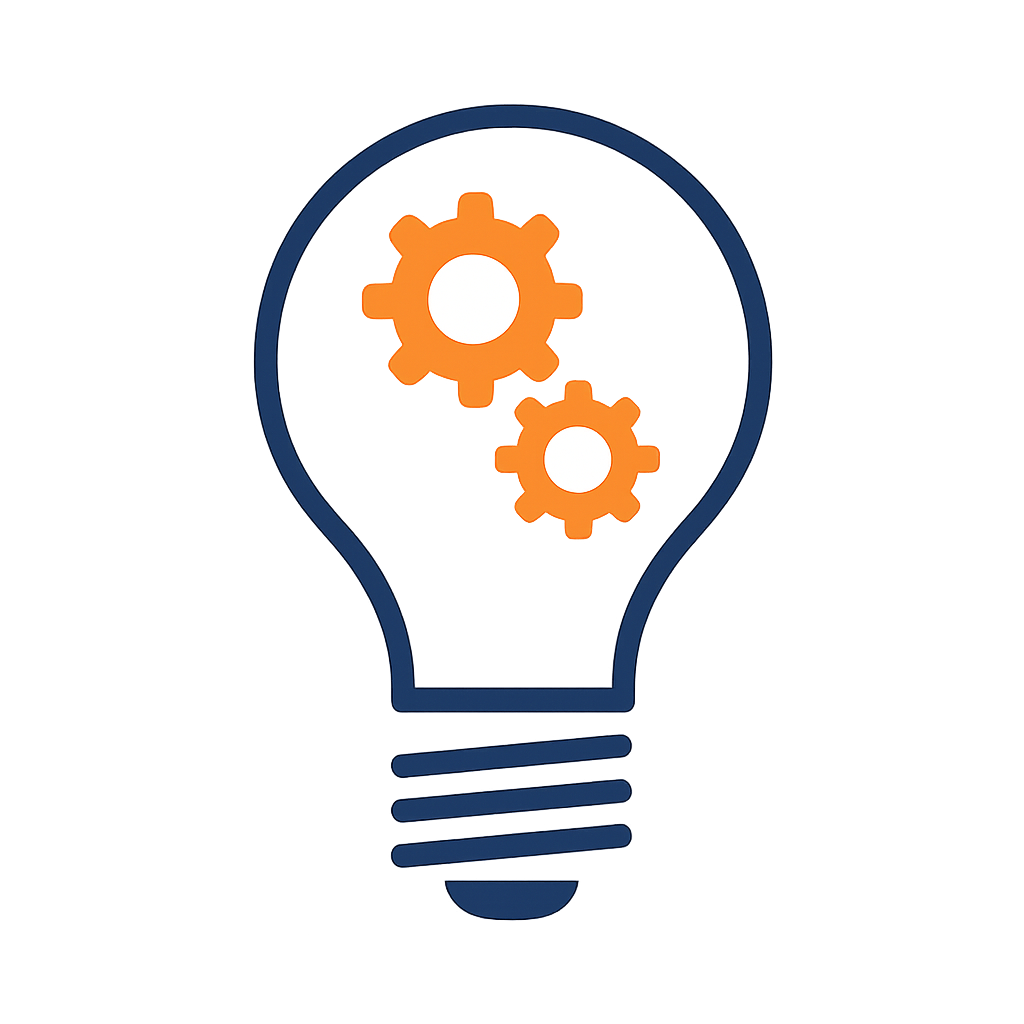 Ilustración de una bombilla azul con engranajes naranjas en su interior, simbolizando innovación y tecnología.
