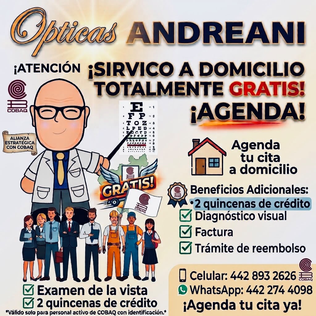 Promoción de Ópticas Andreani con servicio de examen visual a domicilio gratis, agenda de cita y beneficios para personal COBAQ