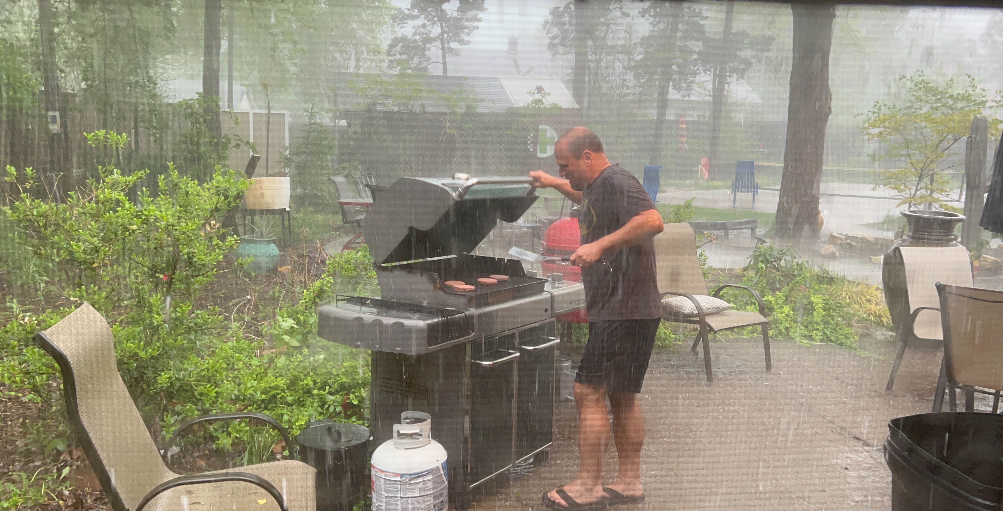 Daddy got caught in a midwest thunderstorm while cooking dinner.