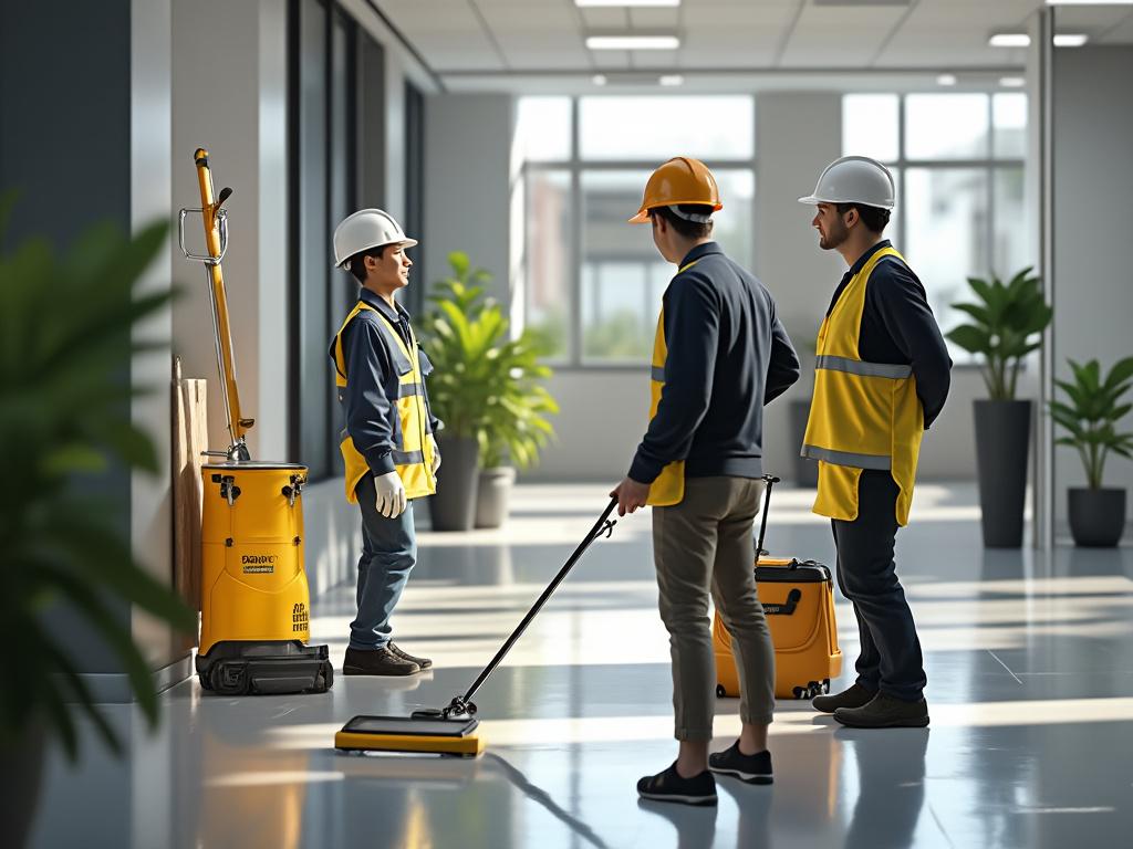 Trabajadores con cascos y chalecos de seguridad limpiando un pasillo con herramientas de limpieza.