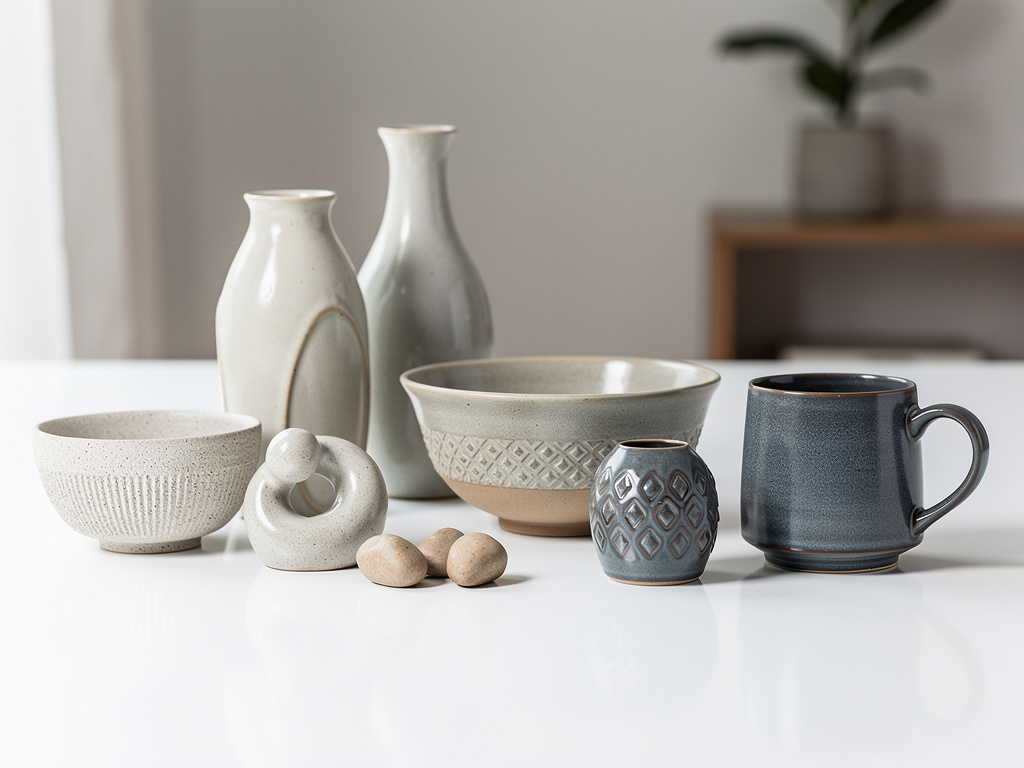 Vajilla de cerámica artesanal con cuencos, jarrones, taza y decoración minimalista sobre mesa blanca
