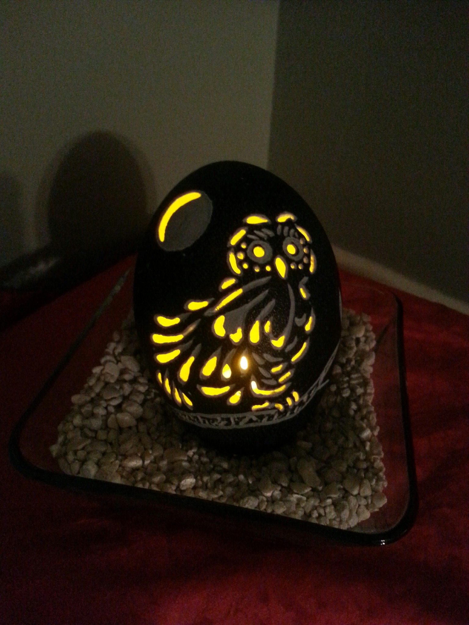 Add a light to the Owl Emu Egg or any of the carved eggs and it makes a beautiful night light or centerpiece for a romantic evening.