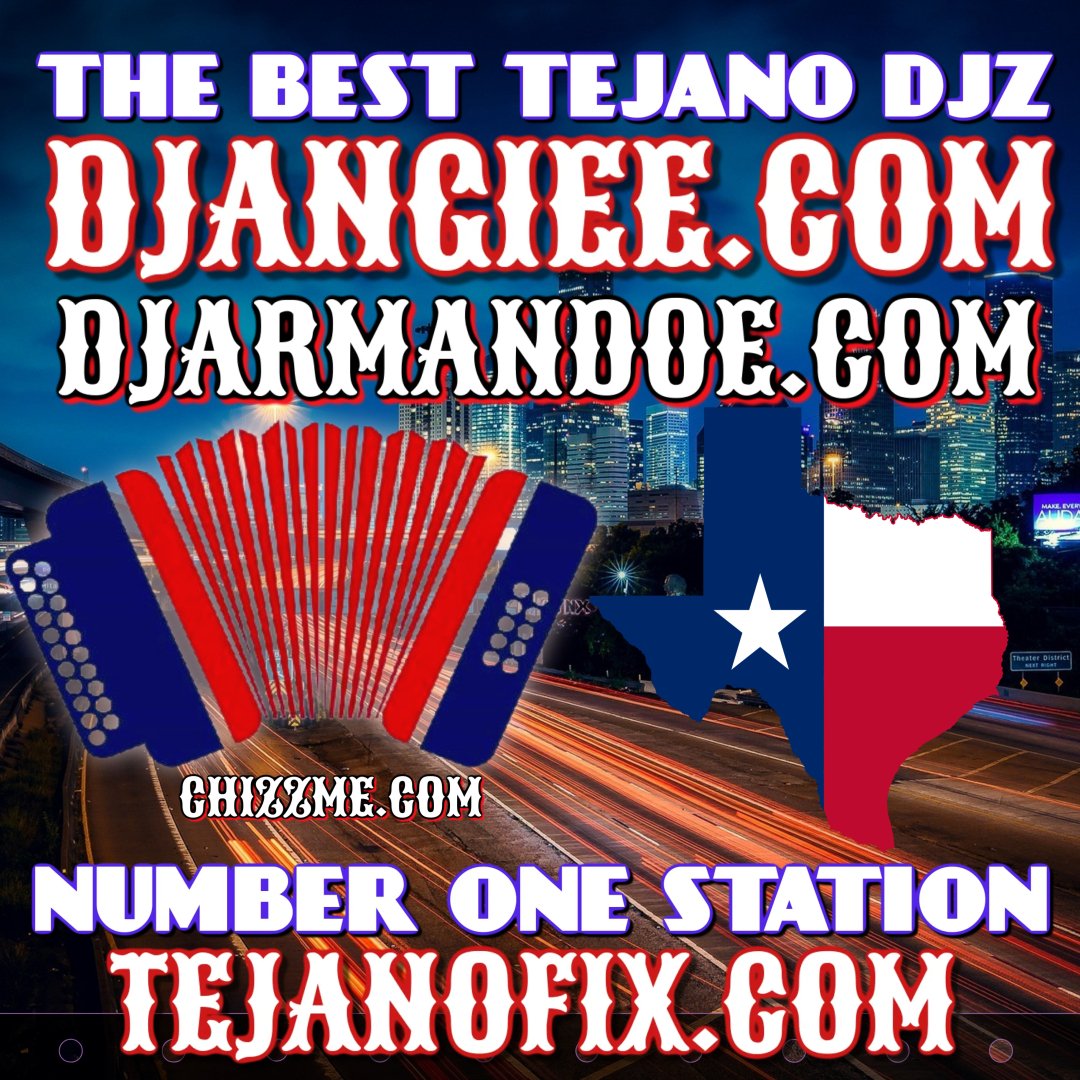 Promotional image featuring Tejano music websites with a red and blue accordion, a Texas flag shape, and a city skyline at night.