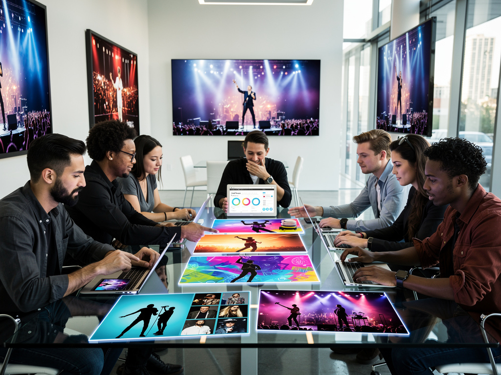 Equipo creativo analizando contenido visual de conciertos en pantallas digitales durante una reunión de marketing musical Equipo creativo analizando contenido visual de conciertos en pantallas digitales durante una reunión de marketing musical