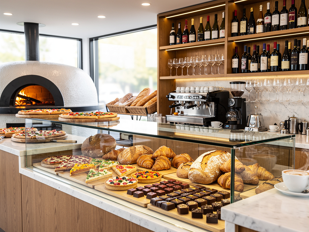Cafetería moderna con horno de leña, pizzas, panes, croissants, chocolates y estantería de vinos