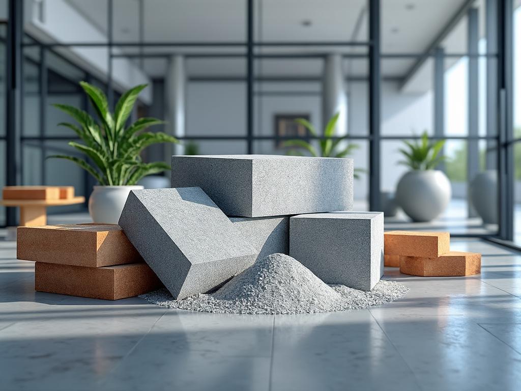 Bloques de construcción en un interior moderno con ventanas grandes y plantas en macetas blancas.