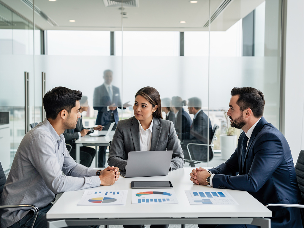 Reunión de negocios en oficina moderna con profesionales analizando informes y gráficos financieros