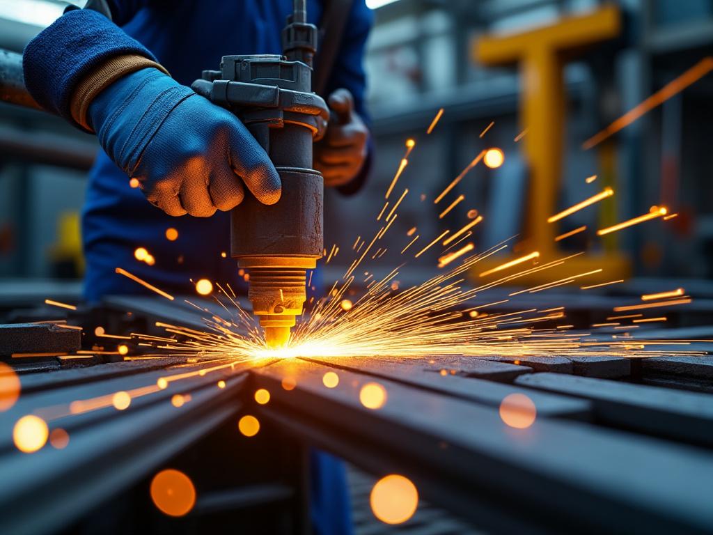 Manos con guantes azules usando una herramienta industrial que genera chispas naranjas en un entorno de fábrica.