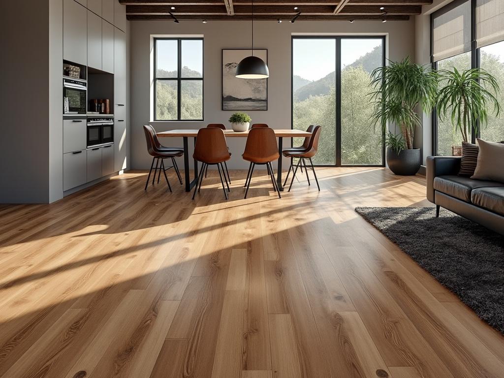 Modern open-plan living and dining area with wooden flooring, gray kitchen cabinets, dining table with chairs, large windows, sofa, and indoor plants.