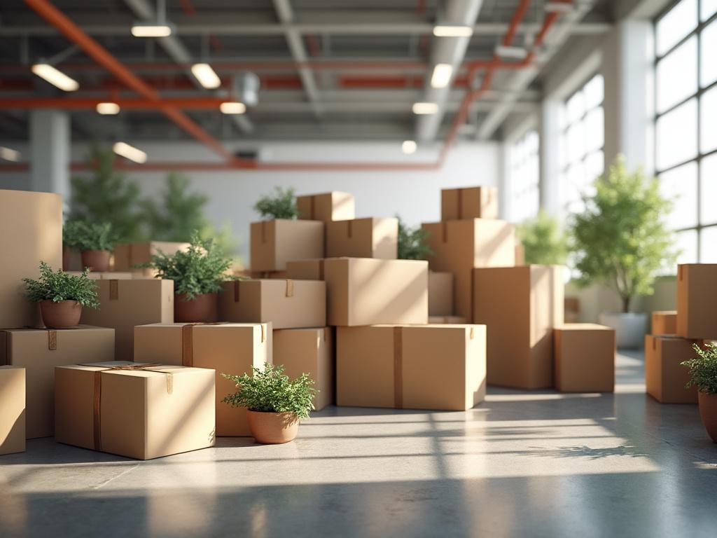 Cajas de cartón apiladas en un almacén iluminado con plantas en macetas alrededor.