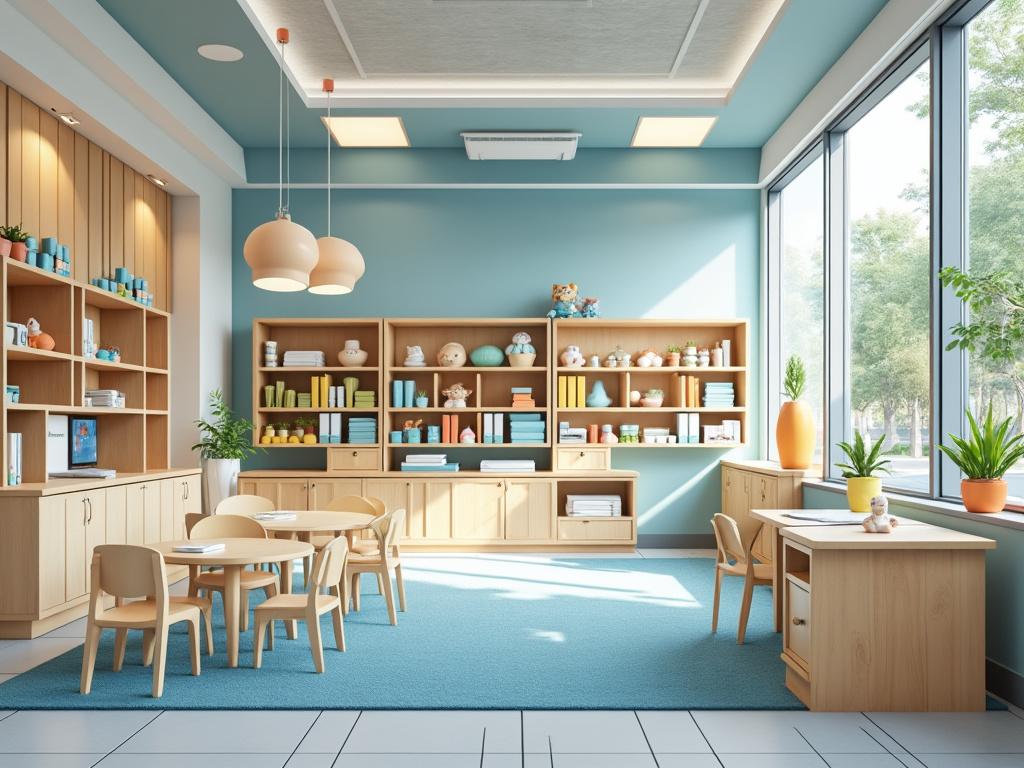 Aula de guardería luminosa con muebles de madera, estanterías con juguetes y libros, mesas redondas pequeñas, y grandes ventanales con vista al exterior.