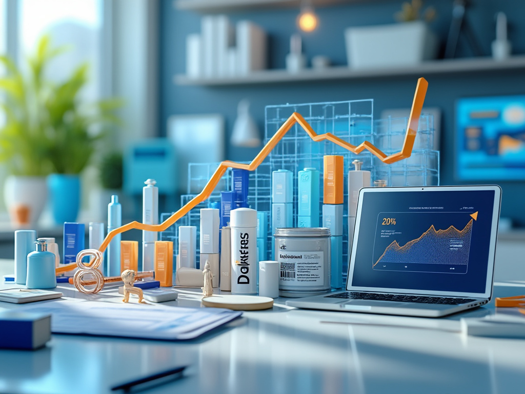 Mesa de oficina con laptop mostrando gráfico de crecimiento, productos de cuidado personal organizados, y símbolos de análisis financiero en un fondo iluminado.