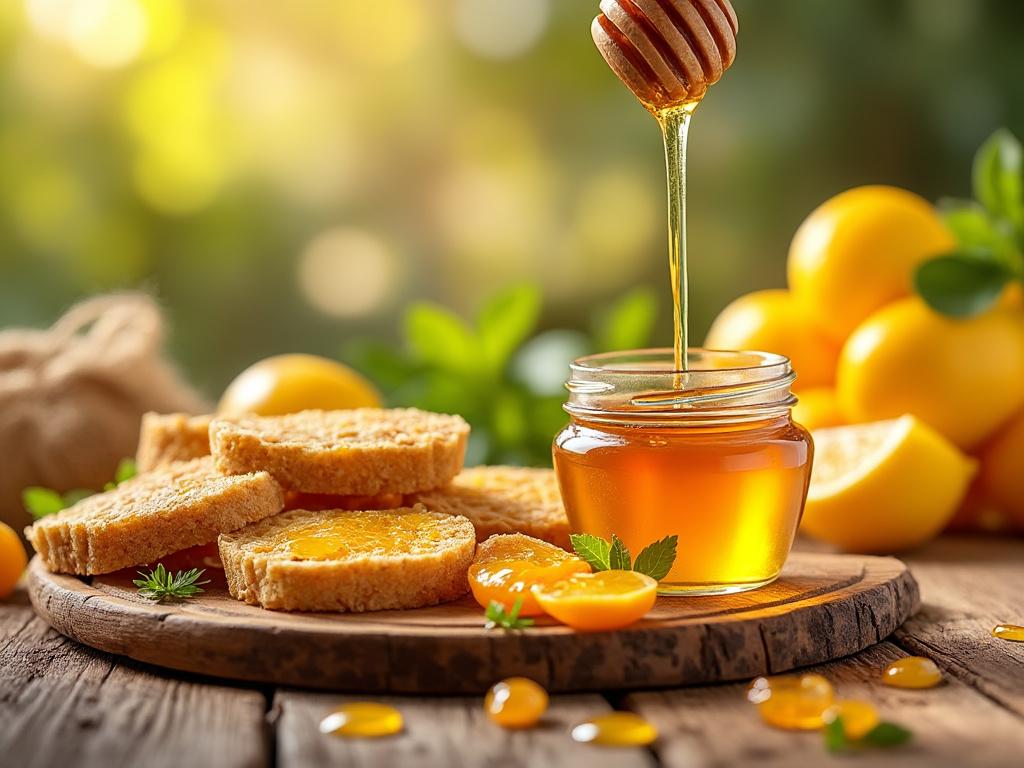 Tarro de miel con cuchara sobre tabla de madera, rodajas de pan con mermelada y frutas cítricas de fondo.