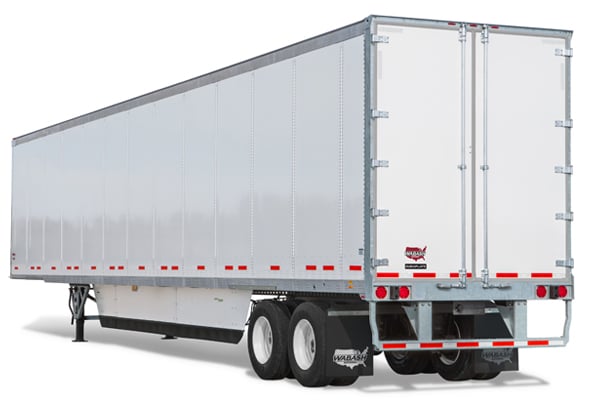 White semi-trailer truck against a white background, rear view showing double rear doors and wheels.