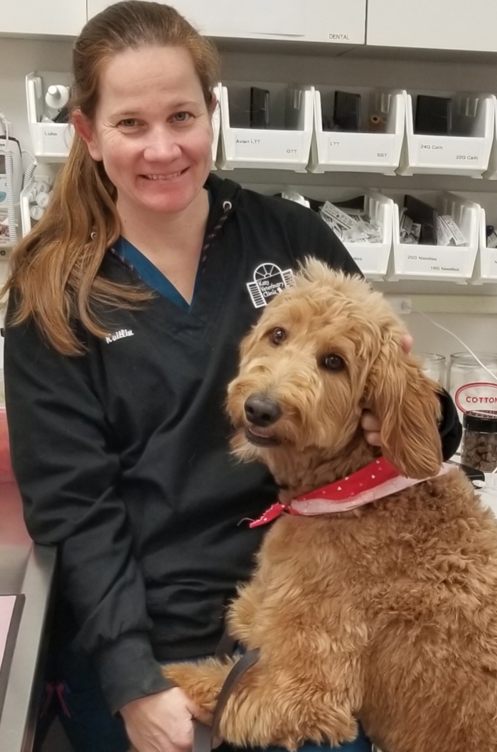 Vet Assistant holding dog and smiling for camera