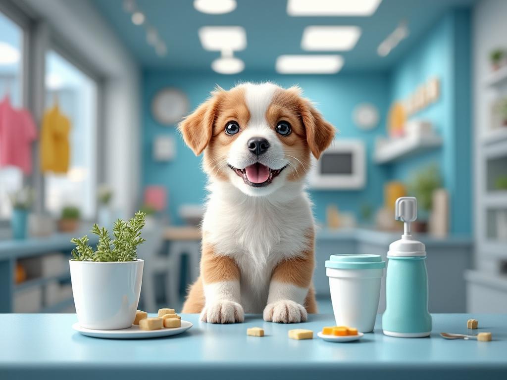 Cachorro sonriente tras una mesa azul en una cocina moderna