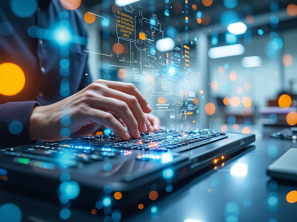 Manos escribiendo en un teclado de computadora con gráficos digitales holográficos en un ambiente de oficina moderna.