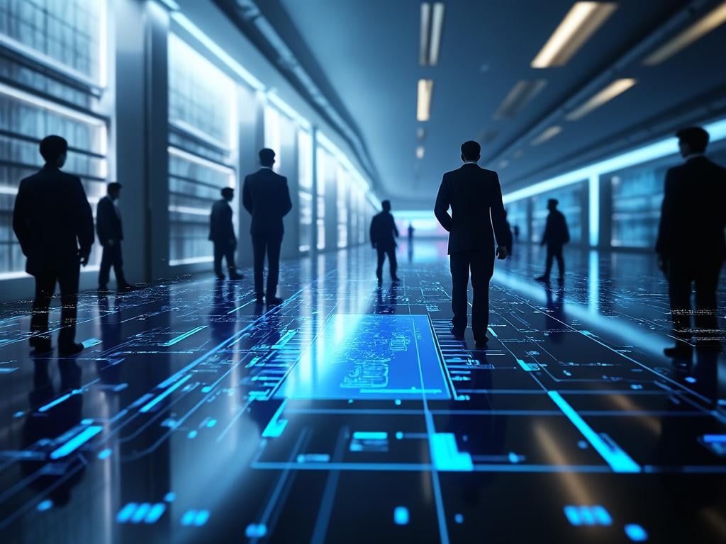 Personas caminando en un pasillo futurista con pisos iluminados y tecnología digital en el ambiente.