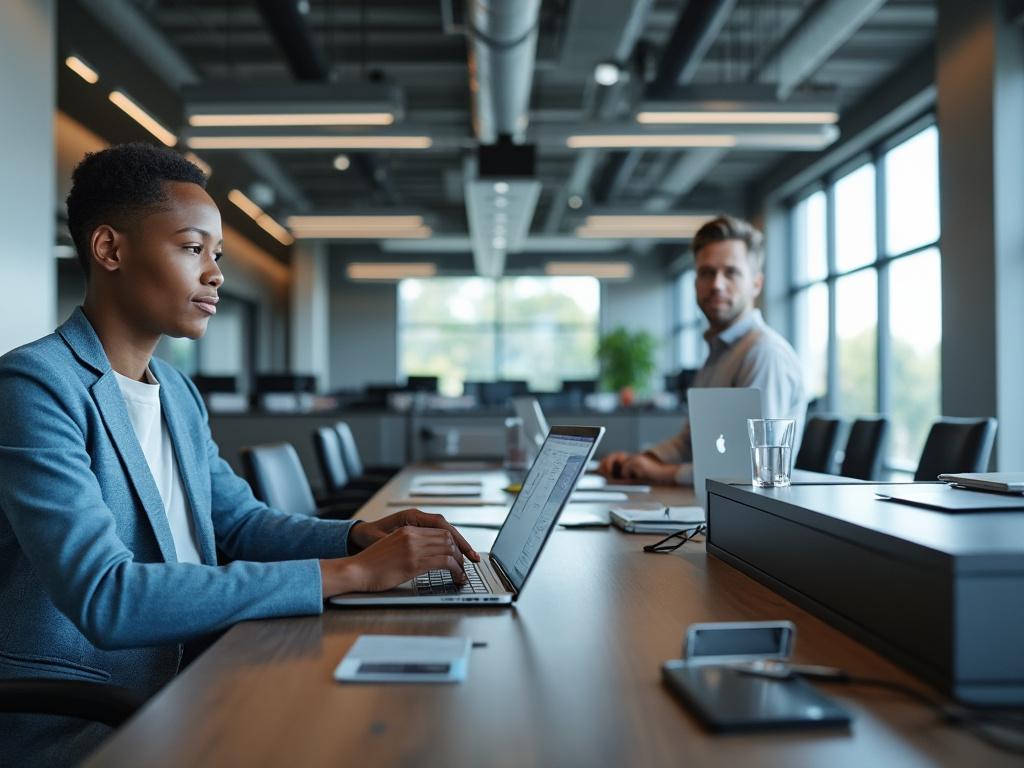 Two professionals working on laptops in a modern open office space with large windows and contemporary design elements.
