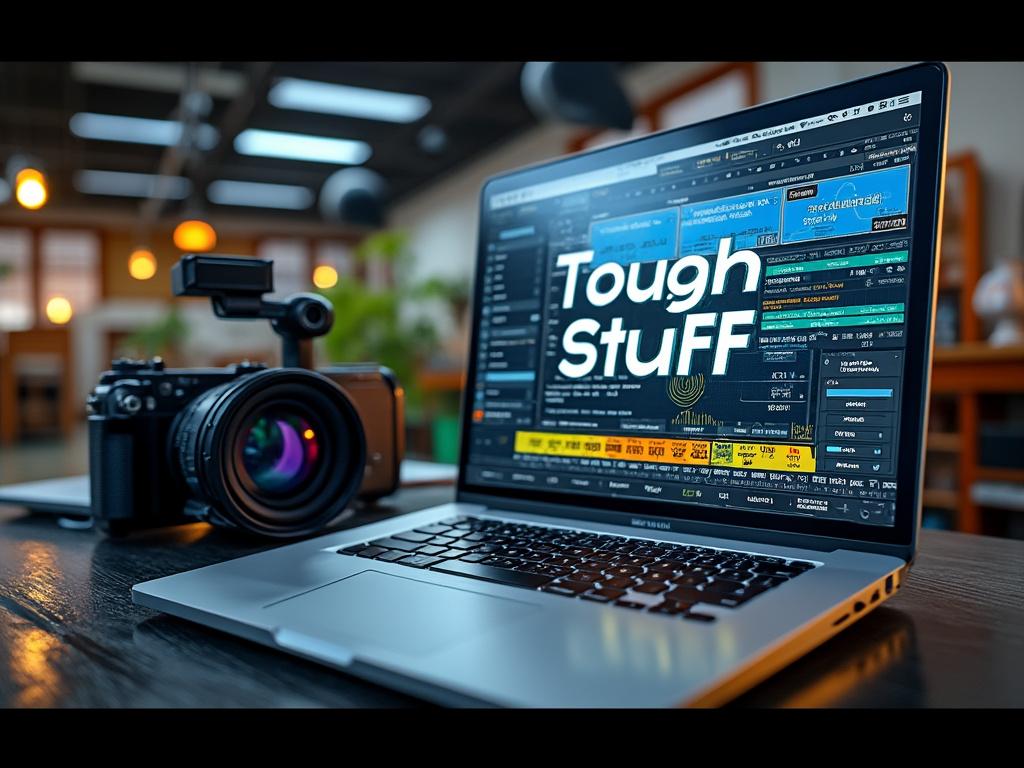 Laptop with 'Tough Stuff' on screen next to DSLR camera on a table in a modern office setting.