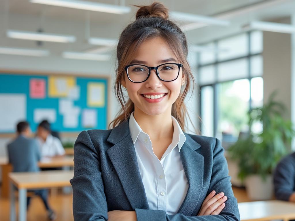 Mujer joven con gafas sonríe en una oficina moderna con fondo de compañeros trabajando.