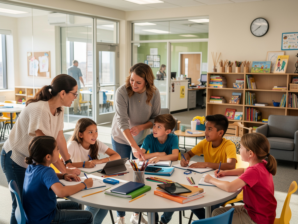 Maestras guiando a niños en una actividad educativa en aula moderna con libros y material escolar