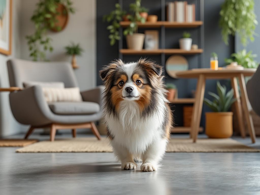 Perro de raza pequeña en una sala de estar moderna con muebles elegantes y plantas decorativas.