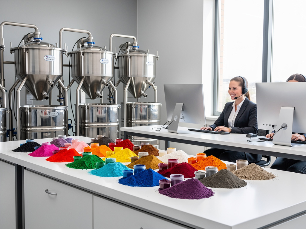 Laboratorio industrial con pigmentos en polvo de colores, tanques de acero inoxidable y operadoras con auriculares frente a computadoras