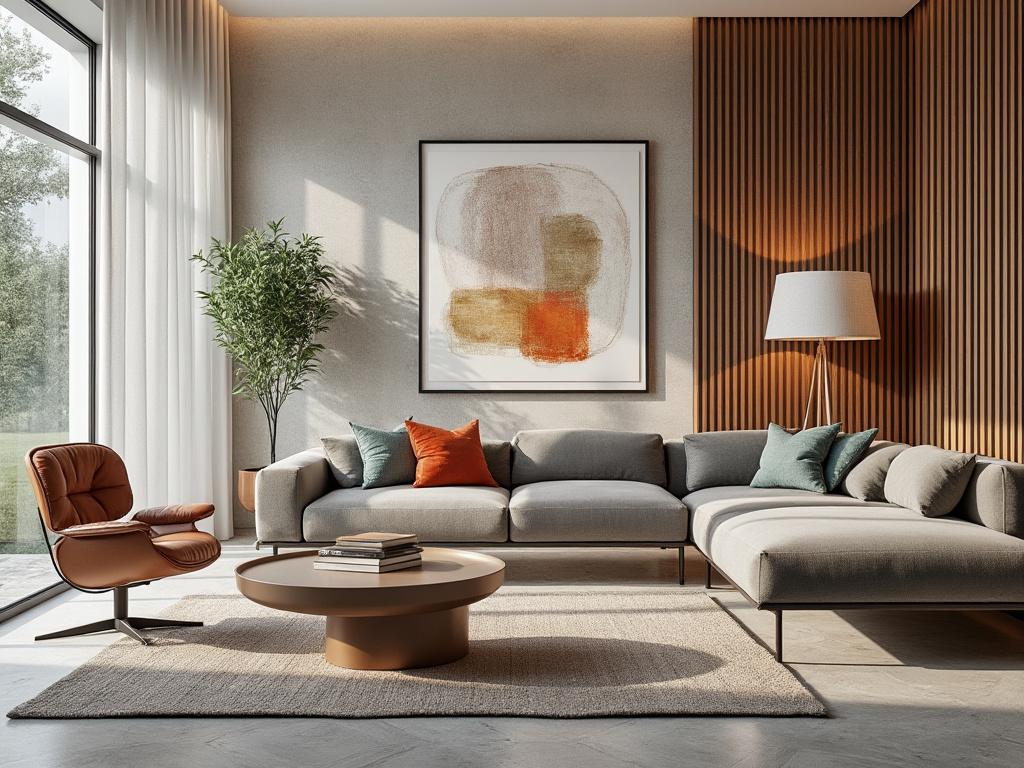 Sala de estar moderna con sofá gris, silla de cuero marrón, mesa de centro circular, lámpara de pie y gran cuadro abstracto en la pared. Sala de estar moderna con sofá gris, silla de cuero marrón, mesa de centro circular, lámpara de pie y gran cuadro abstracto en la pared.