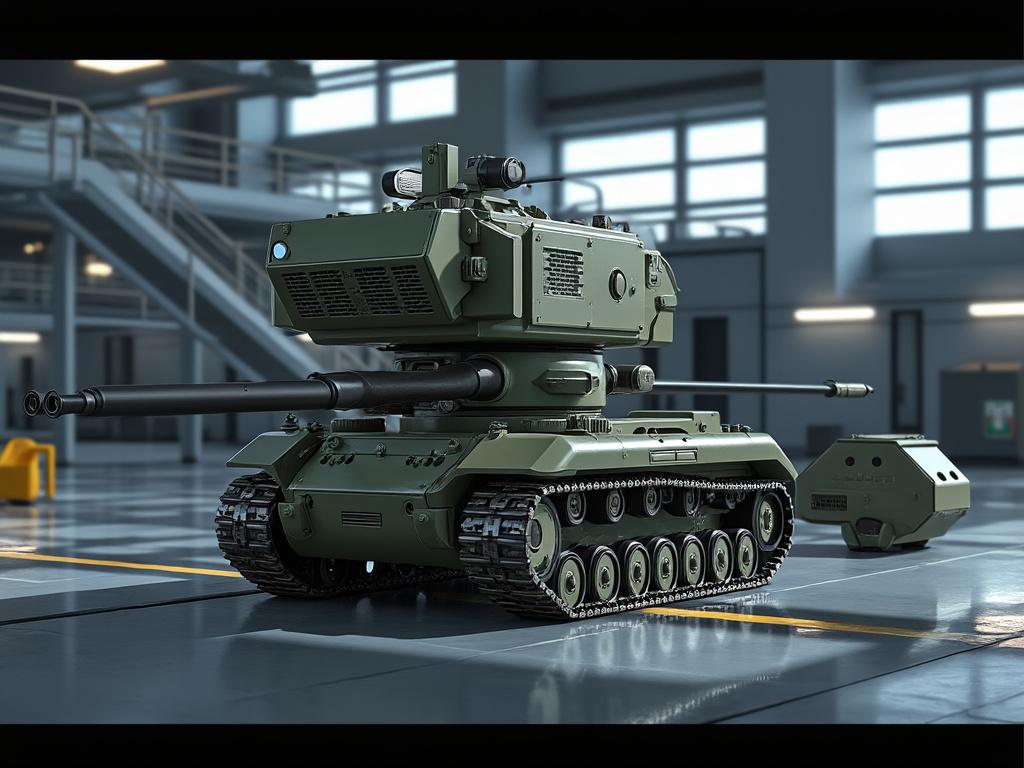 Futuristic robotic tank with dual cannons in a modern industrial facility.