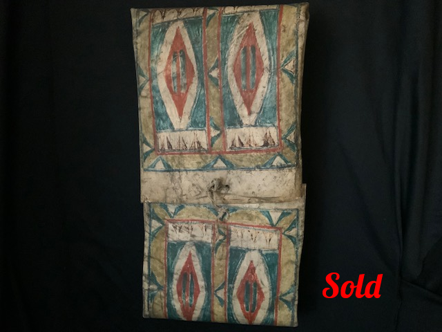 PRODUCT PROFILE:
Product No.: 21255
Description: Lakota Buffalo
Hide Painted 
Parfleche Envelope  
 PRODUCT NARRATIVE:
• 1870’s, multiple 
    geometric designs 
• 26 1/2 x 13 1/2” 
