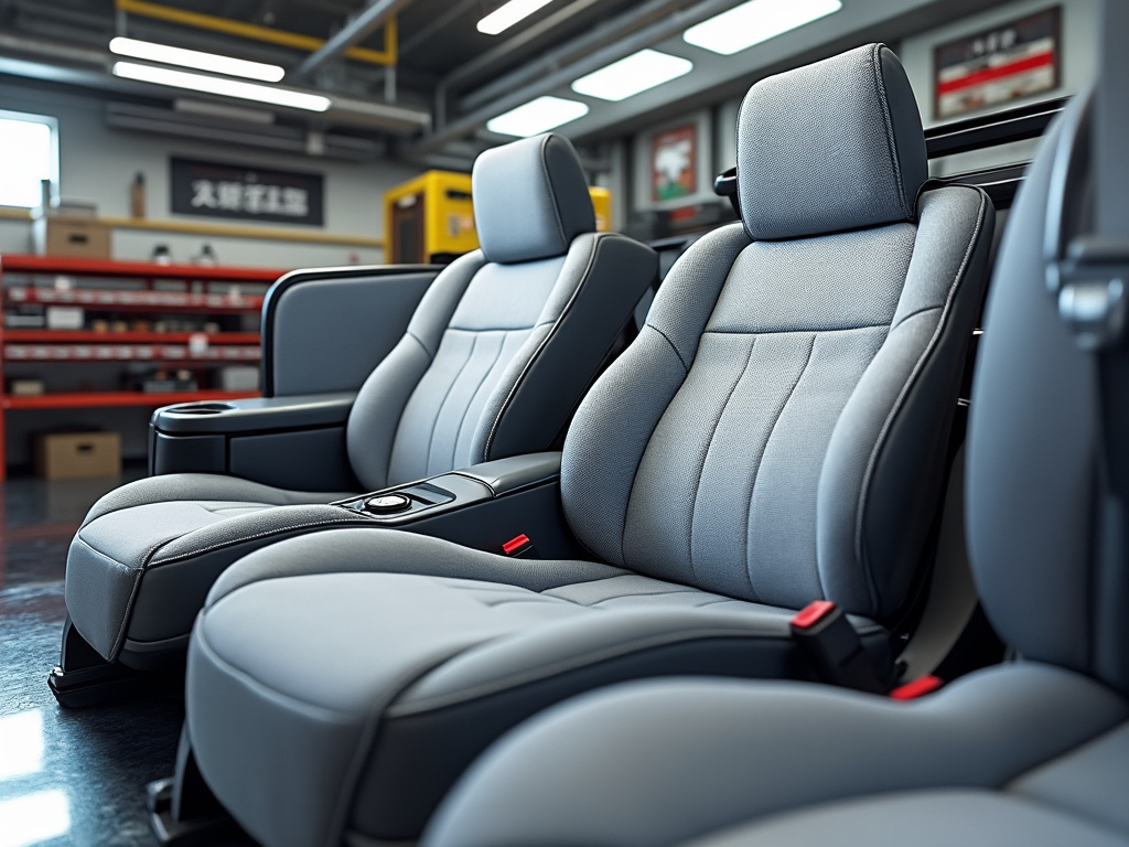 Modern car interior with two gray leather seats, central console, and seatbelts in a brightly lit showroom.