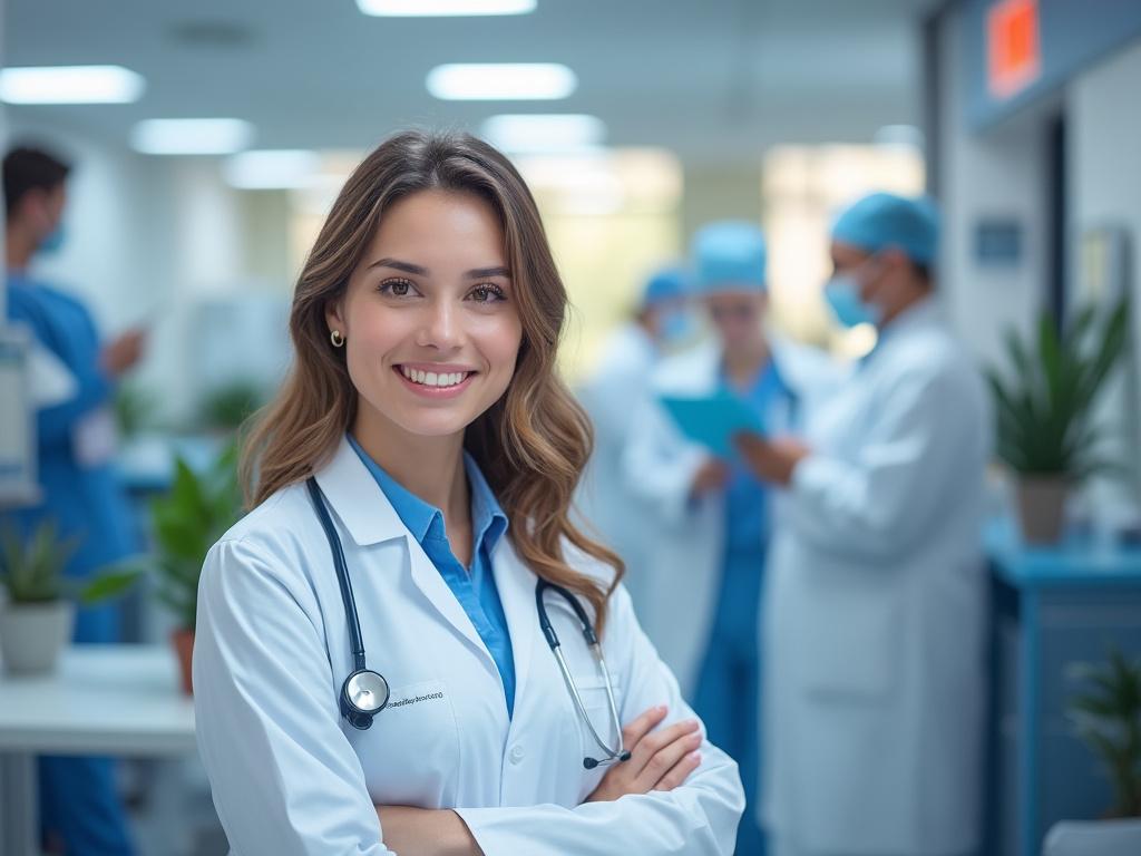 Smiling female doctor with stethoscope in hospital, medical team in background.