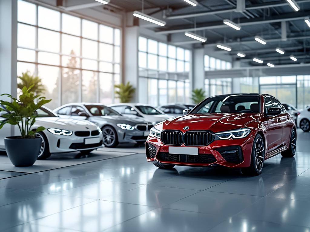 Exhibición de autos de lujo en un concesionario, con un coche rojo al frente y vehículos blancos y grises al fondo, rodeados de plantas en el interior.