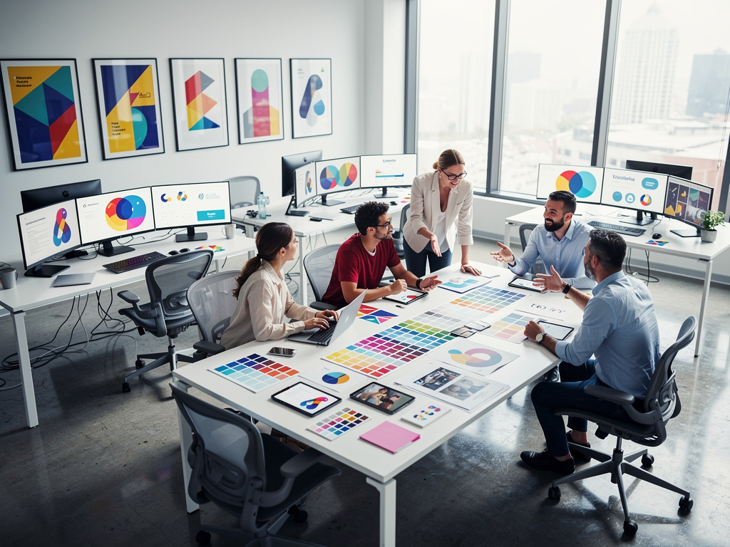 Equipo de diseño gráfico en oficina moderna revisando paletas de color, gráficos y branding en una reunión creativa