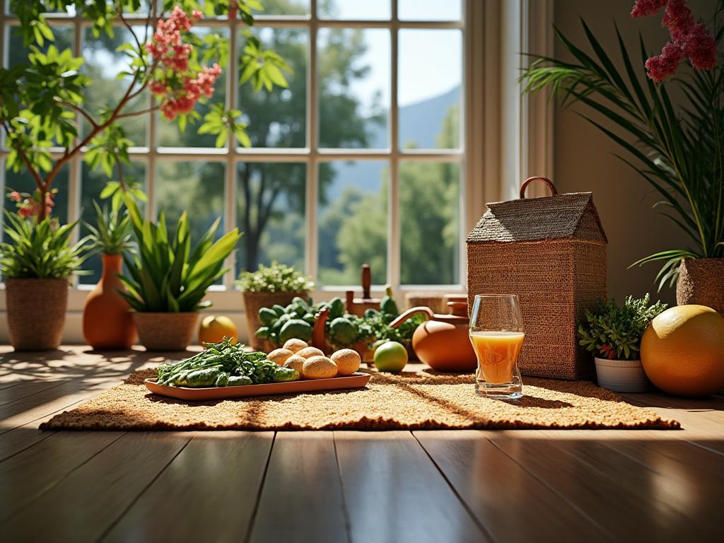 Mesa de madera con plantas en macetas, bandeja con vegetales frescos y vaso de jugo de naranja, luz natural entrando por la ventana. Mesa de madera con plantas en macetas, bandeja con vegetales frescos y vaso de jugo de naranja, luz natural entrando por la ventana.