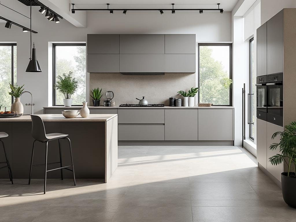 Cocina moderna con gabinetes grises, isla central con taburetes, plantas decorativas y electrodomésticos integrados.