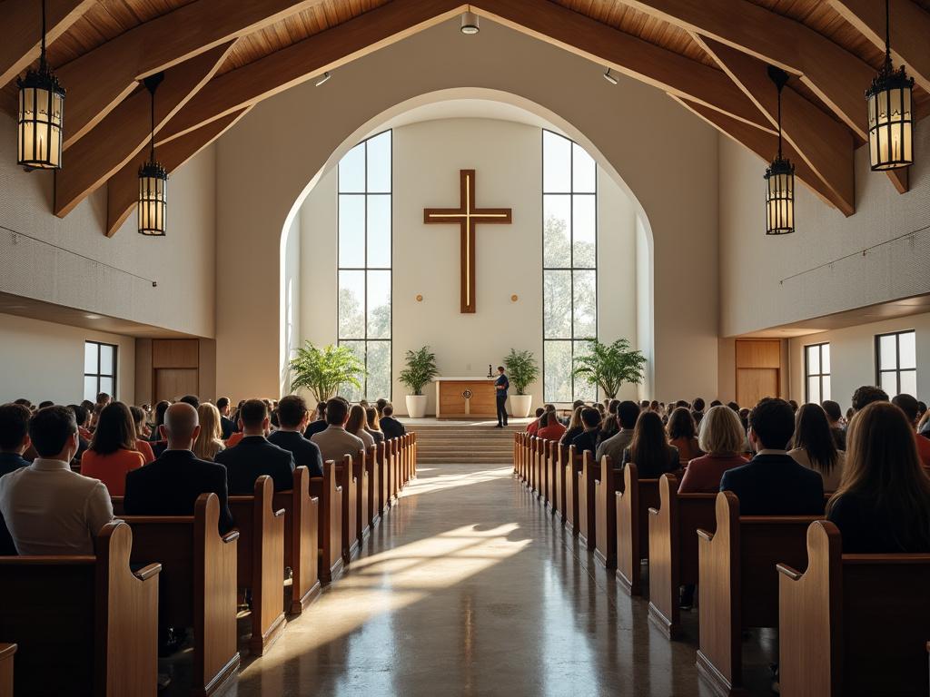 Interior de una iglesia moderna llena de personas, con un gran crucifijo en la pared iluminada por luz natural.