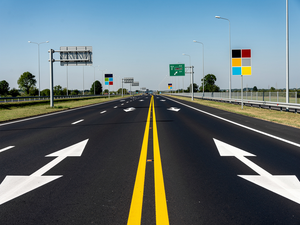 Carretera moderna de varios carriles con flechas blancas, líneas amarillas centrales y señales de tráfico bajo cielo despejado