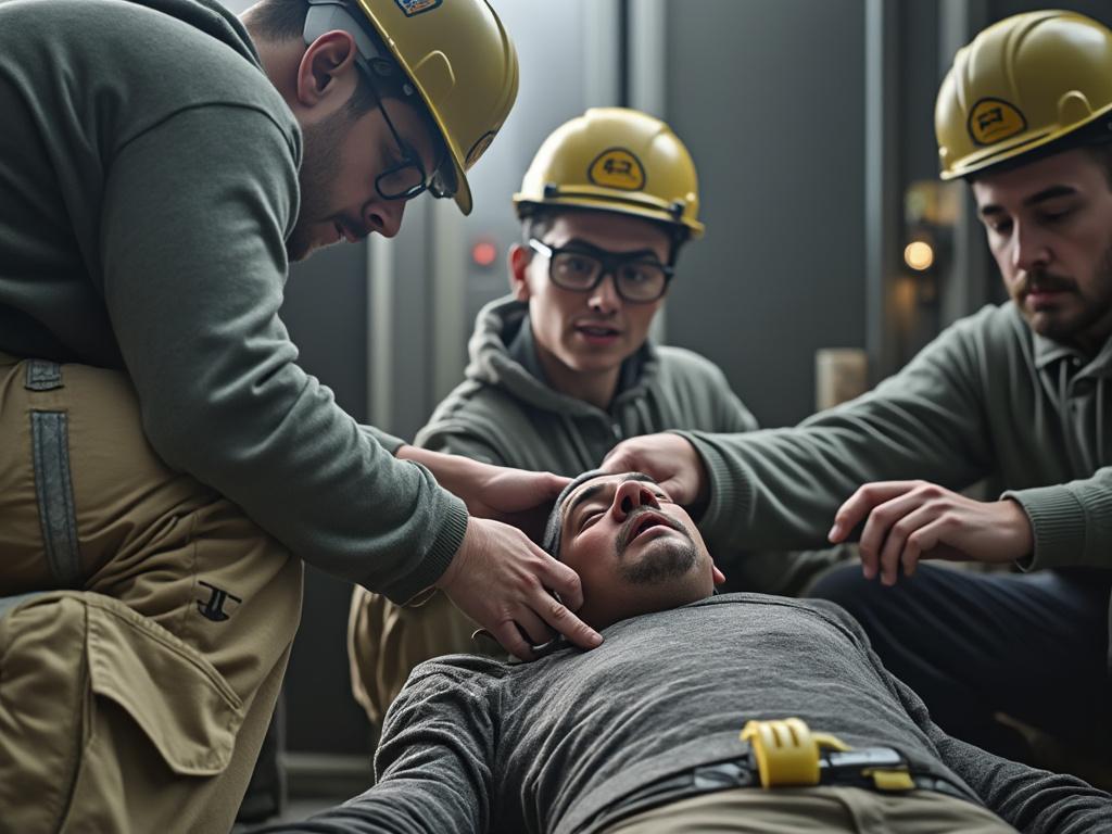 Three construction workers wearing hard hats assisting an unconscious colleague on the ground indoors.