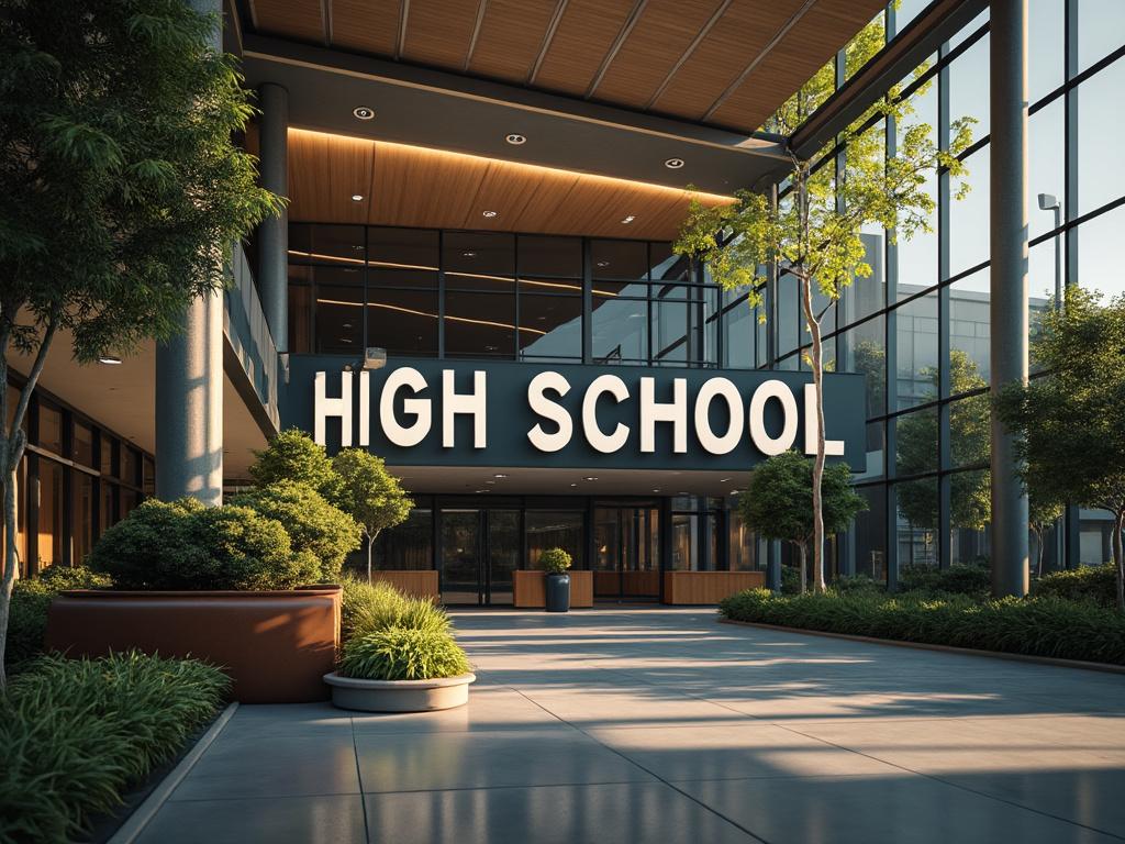 Entrada moderna de una escuela secundaria con letrero grande de 'High School', rodeada de árboles y plantas decorativas.