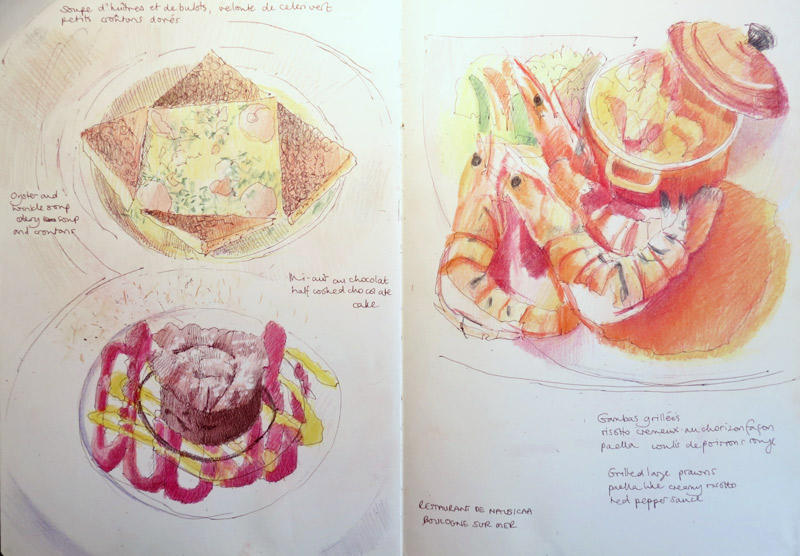 Lunch at the Restaurant Nausicaa, Boulogne sur Mer - 4th July 2011
11" x 16", pen and ink and coloured pencils