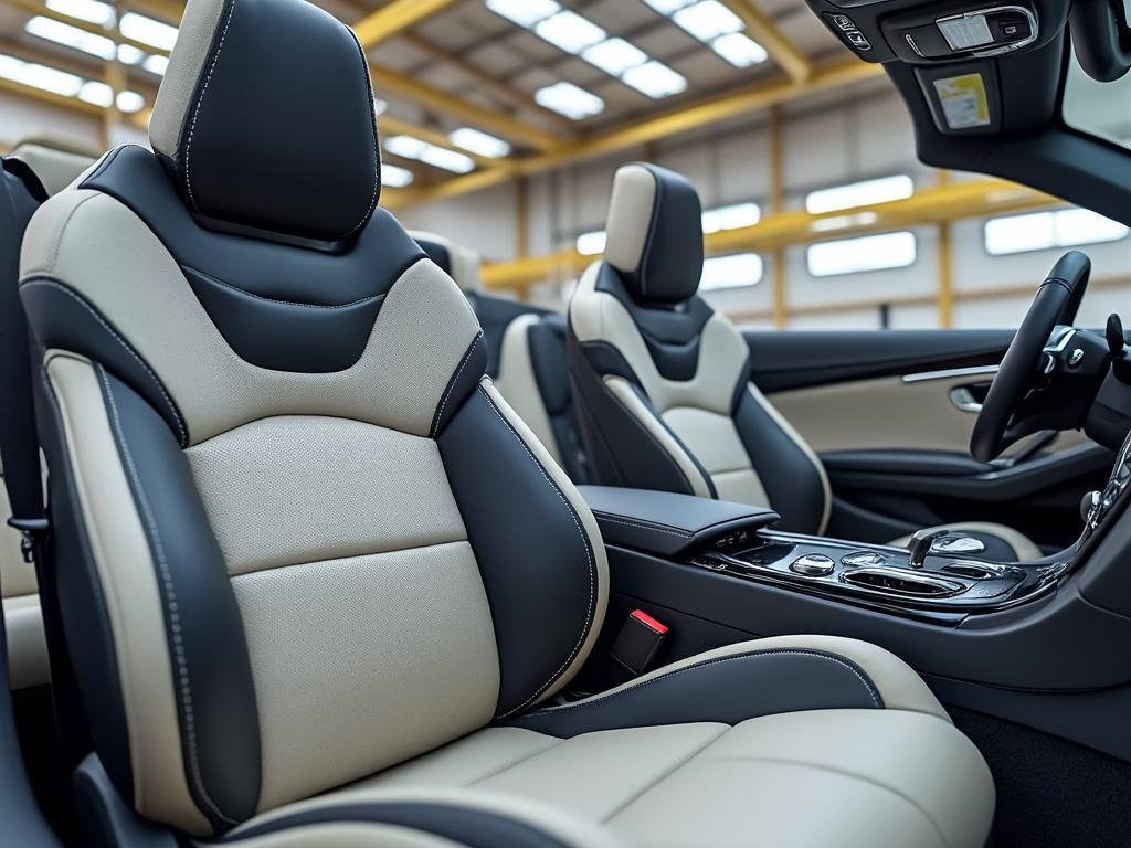 Luxurious cream and black leather seats inside a modern convertible car with a sleek dashboard, parked indoors.